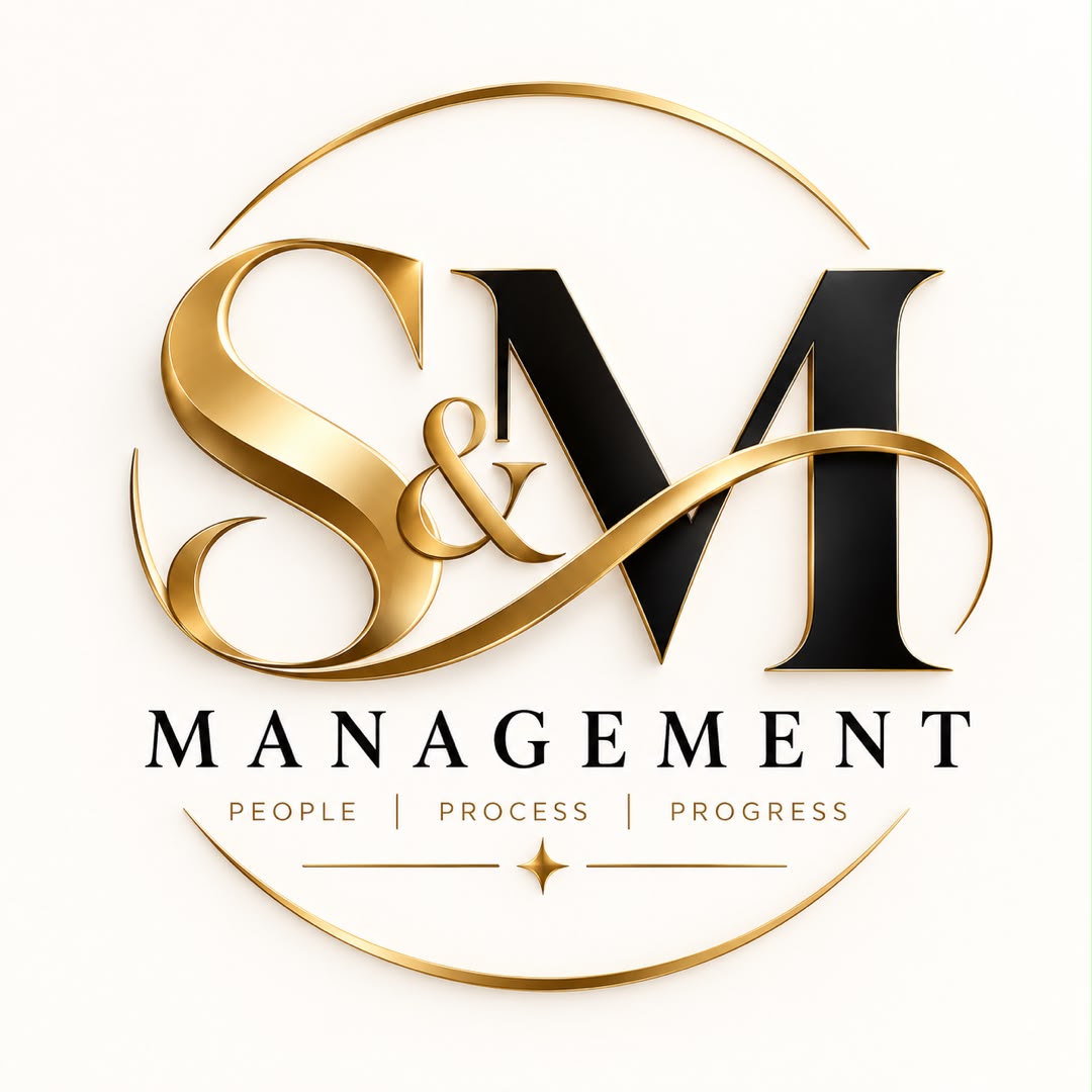 S&M Management logo: gold ribbon monogram above the S&M wordmark
